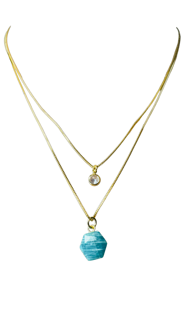 Famibeach Colar Brasileiro de Fio Duplo Ponto de Luz Banhado a Ouro com Amazonita (Amazonita) e Zircônia