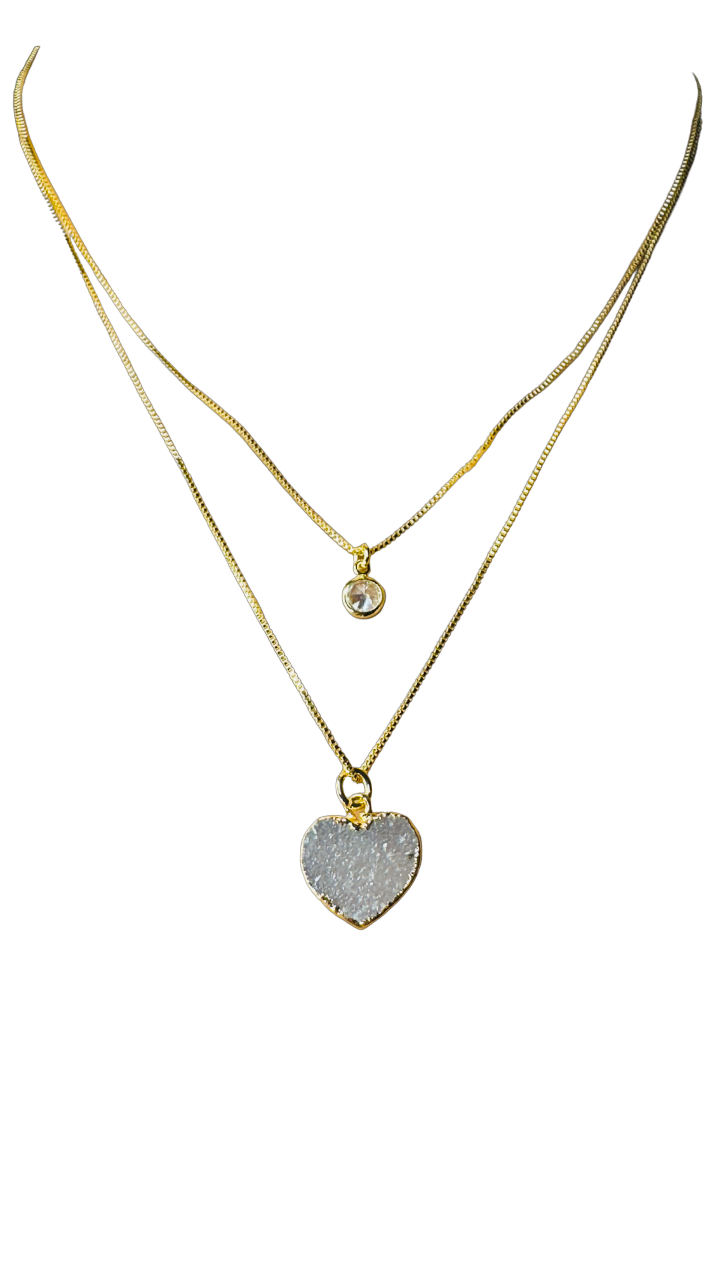 Gold Plated Point of Light Double String Necklace with Drusa de Ágata (Agate Druzy) and Zirconia
