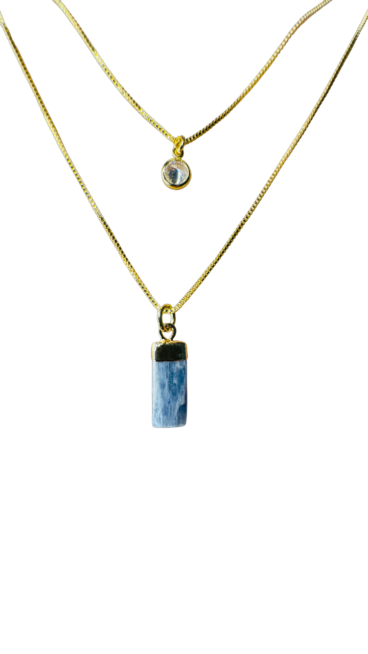 Gold Plated Point of Light Double String Necklace with Cianita Azul (Blue Kyanite) and Zirconia