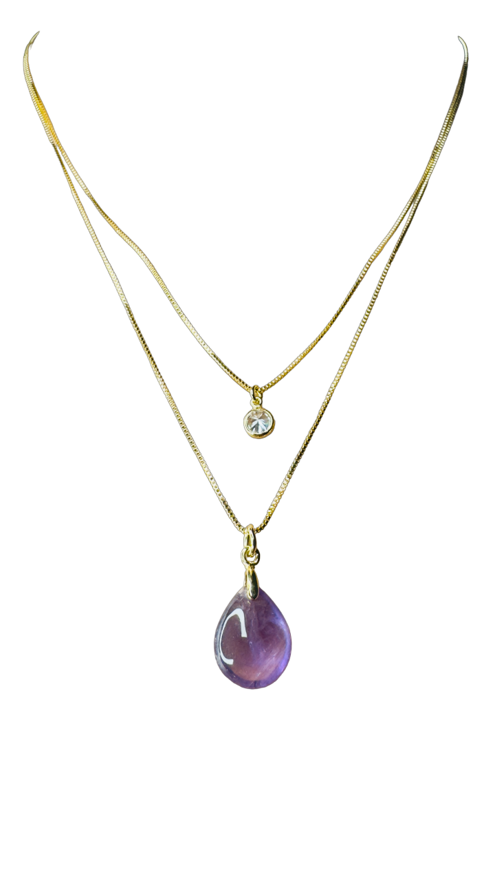 Gold Plated Point of Light Double String Necklace with Ametista (Amethyst) and Zirconia