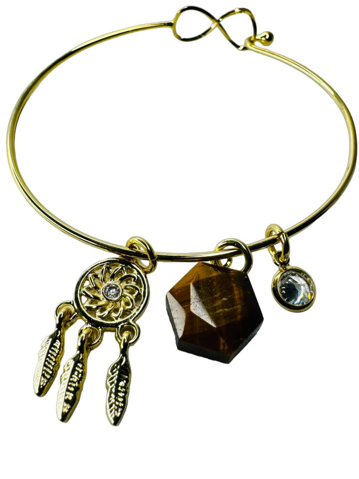Pulseira Trio de Pedra Natural Brasileira Famibeach - Olho de Tigre (Olho de Tigre), Zircônia Ponto de Luz (Zirconia Point of Light) e pingente Filtro dos Sonhos (Dreamcatcher) - Banhado a Ouro