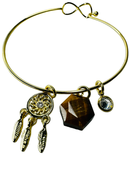 Pulseira Trio de Pedra Natural Brasileira Famibeach - Olho de Tigre (Olho de Tigre), Zircônia Ponto de Luz (Zirconia Point of Light) e pingente Filtro dos Sonhos (Dreamcatcher) - Banhado a Ouro