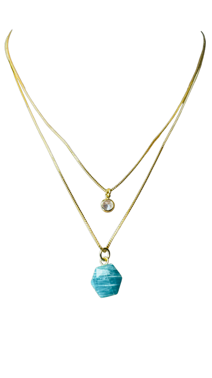 Famibeach Colar Brasileiro de Fio Duplo Ponto de Luz Banhado a Ouro com Amazonita (Amazonita) e Zircônia