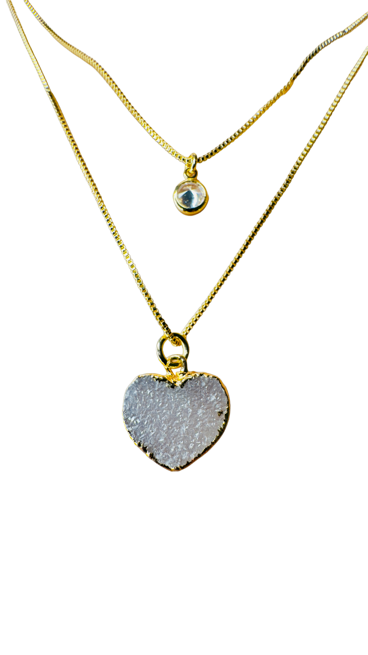 Gold Plated Point of Light Double String Necklace with Drusa de Ágata (Agate Druzy) and Zirconia