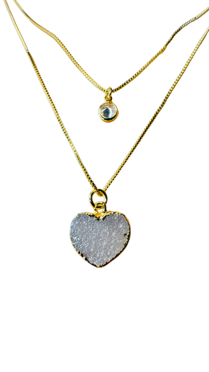 Gold Plated Point of Light Double String Necklace with Drusa de Ágata (Agate Druzy) and Zirconia