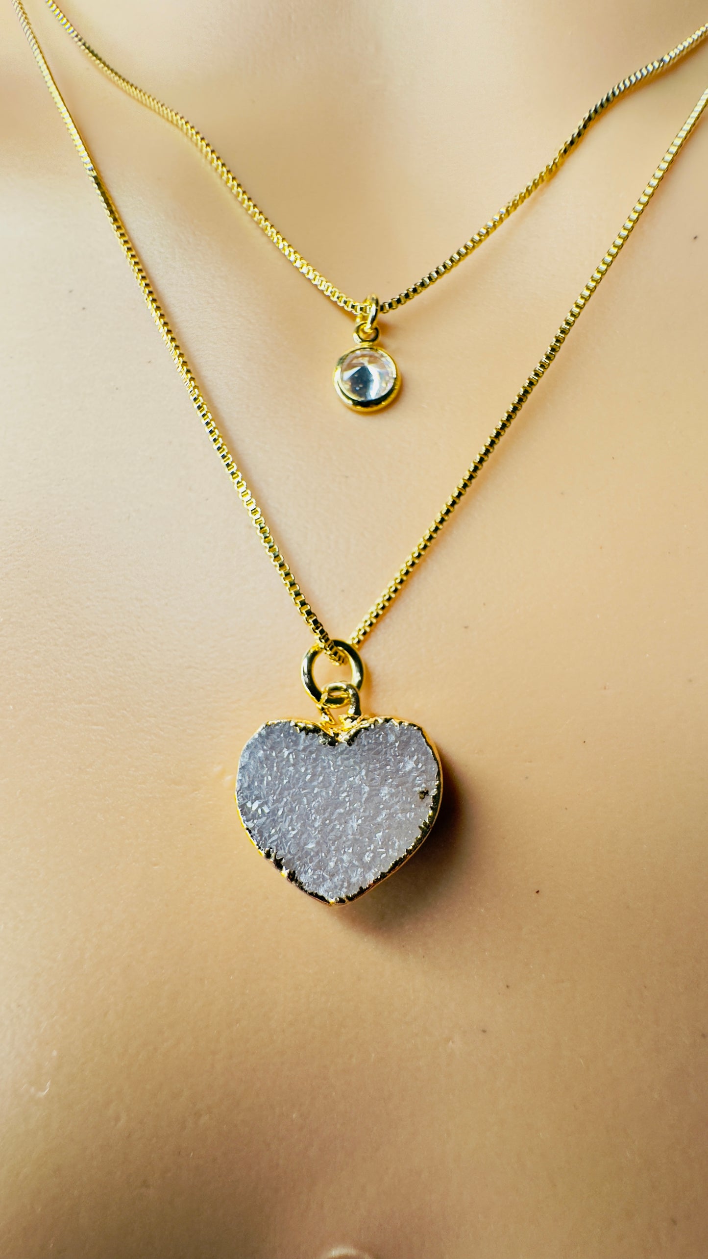 Gold Plated Point of Light Double String Necklace with Drusa de Ágata (Agate Druzy) and Zirconia