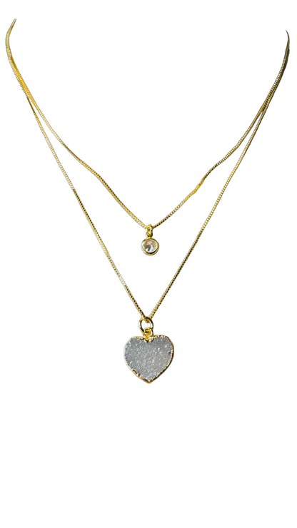 Gold Plated Point of Light Double String Necklace with Drusa de Ágata (Agate Druzy) and Zirconia