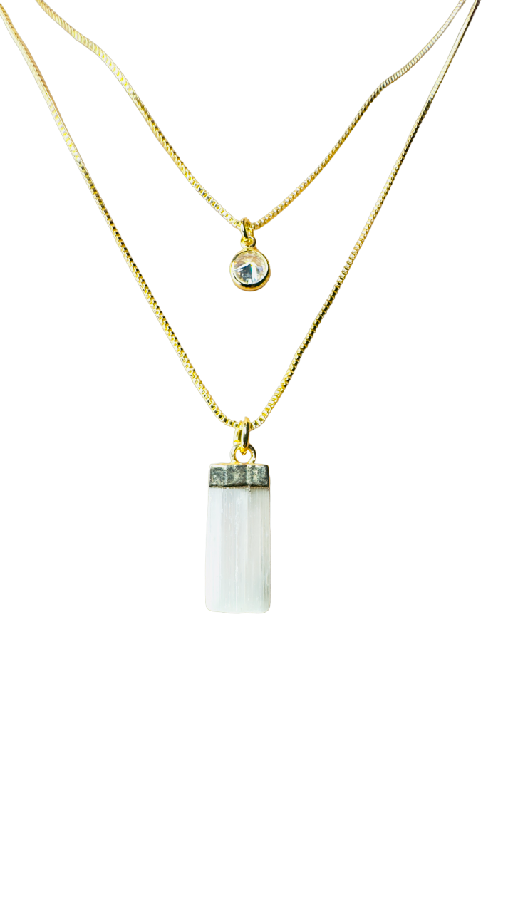 Gold Plated Point of Light Double String Necklace with Selenita Branca (White Selenite) and Zirconia