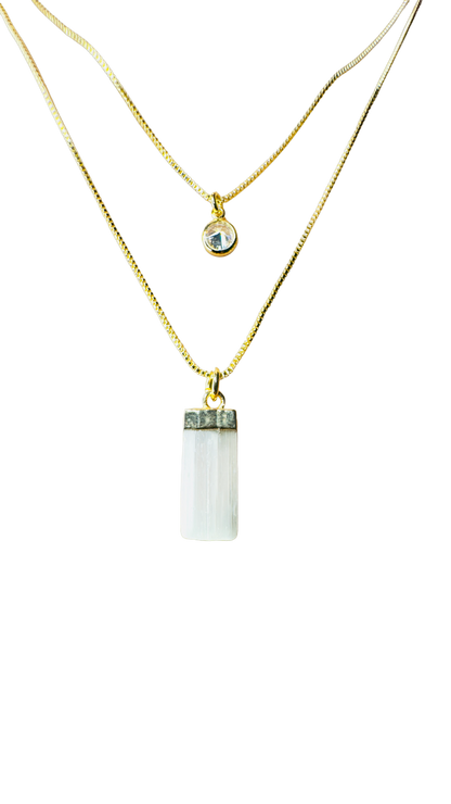 Gold Plated Point of Light Double String Necklace with Selenita Branca (White Selenite) and Zirconia