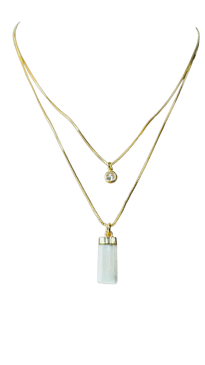 Gold Plated Point of Light Double String Necklace with Selenita Branca (White Selenite) and Zirconia