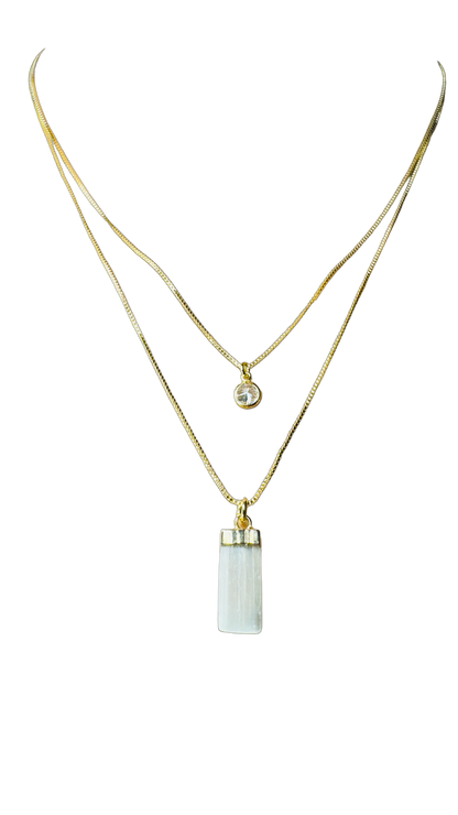 Gold Plated Point of Light Double String Necklace with Selenita Branca (White Selenite) and Zirconia