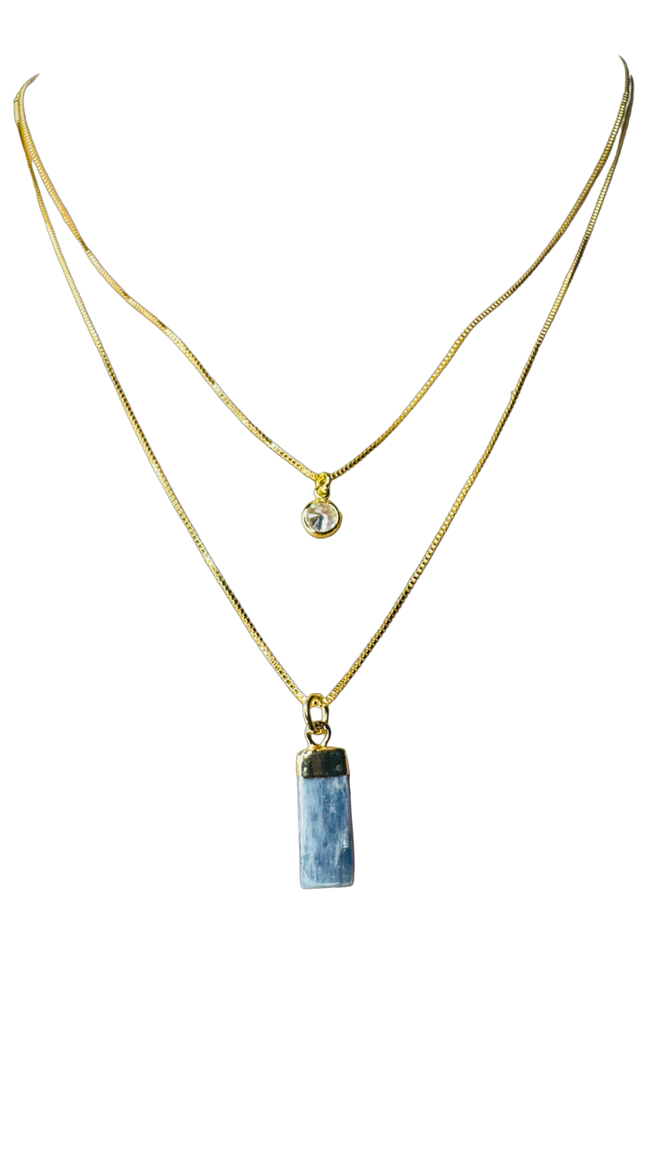 Gold Plated Point of Light Double String Necklace with Cianita Azul (Blue Kyanite) and Zirconia