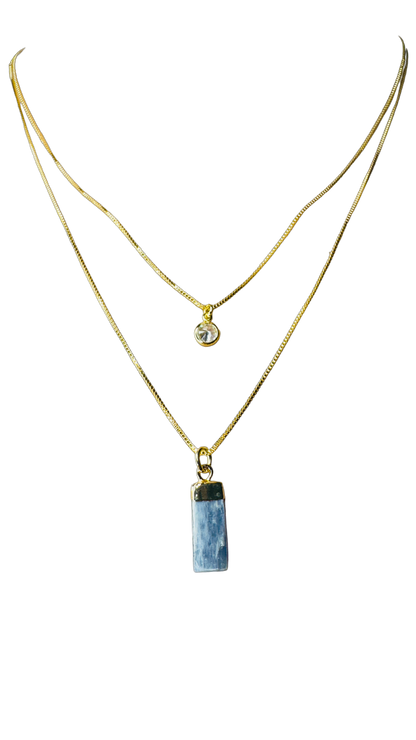 Gold Plated Point of Light Double String Necklace with Cianita Azul (Blue Kyanite) and Zirconia