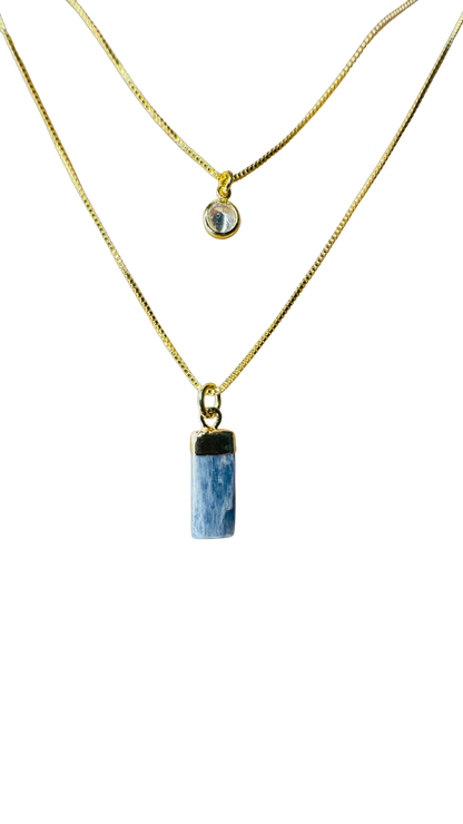 Gold Plated Point of Light Double String Necklace with Cianita Azul (Blue Kyanite) and Zirconia