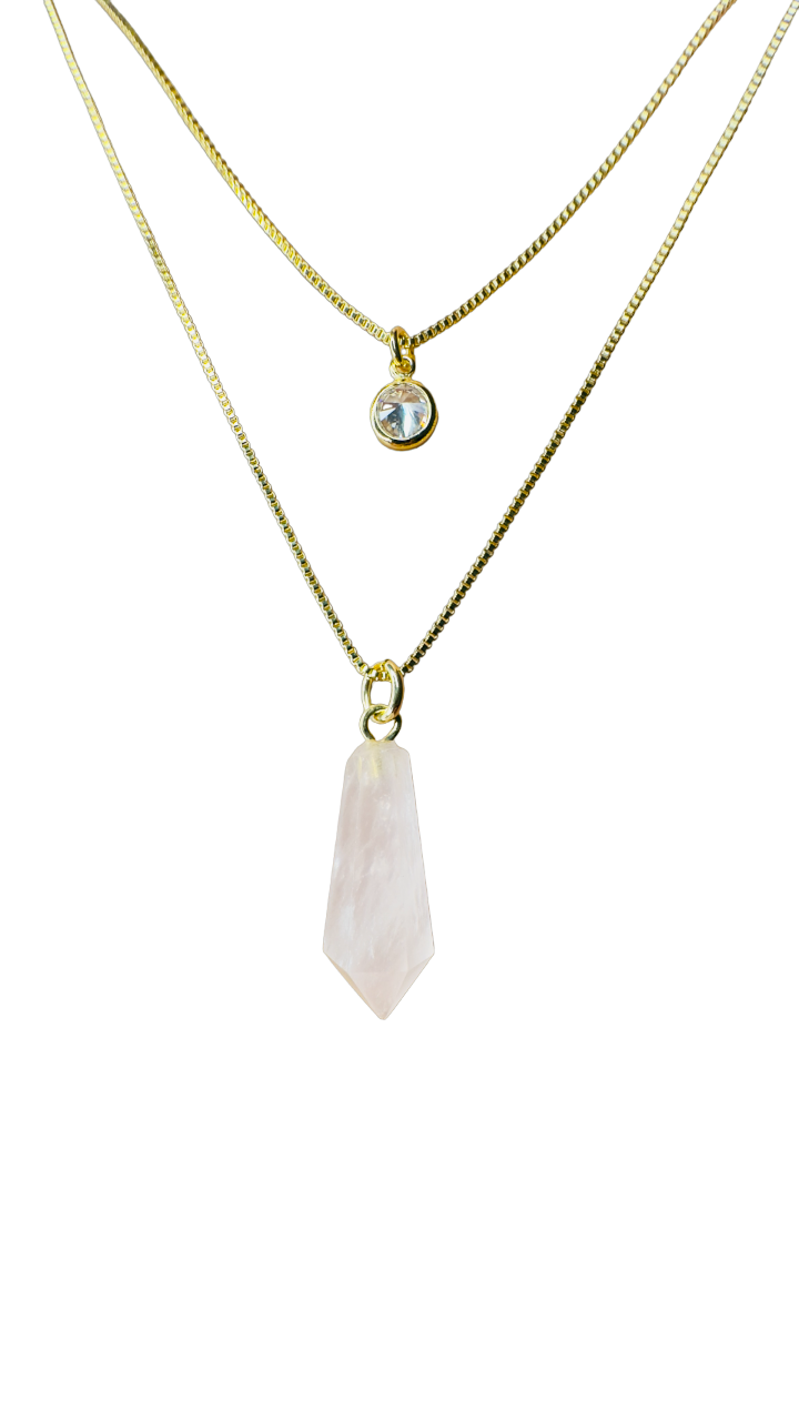 Gold Plated Point of Light Double String Necklace with Quartzo Rosa (Rose Quartz) and Zirconia