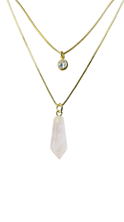 Gold Plated Point of Light Double String Necklace with Quartzo Rosa (Rose Quartz) and Zirconia