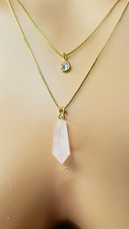 Gold Plated Point of Light Double String Necklace with Quartzo Rosa (Rose Quartz) and Zirconia