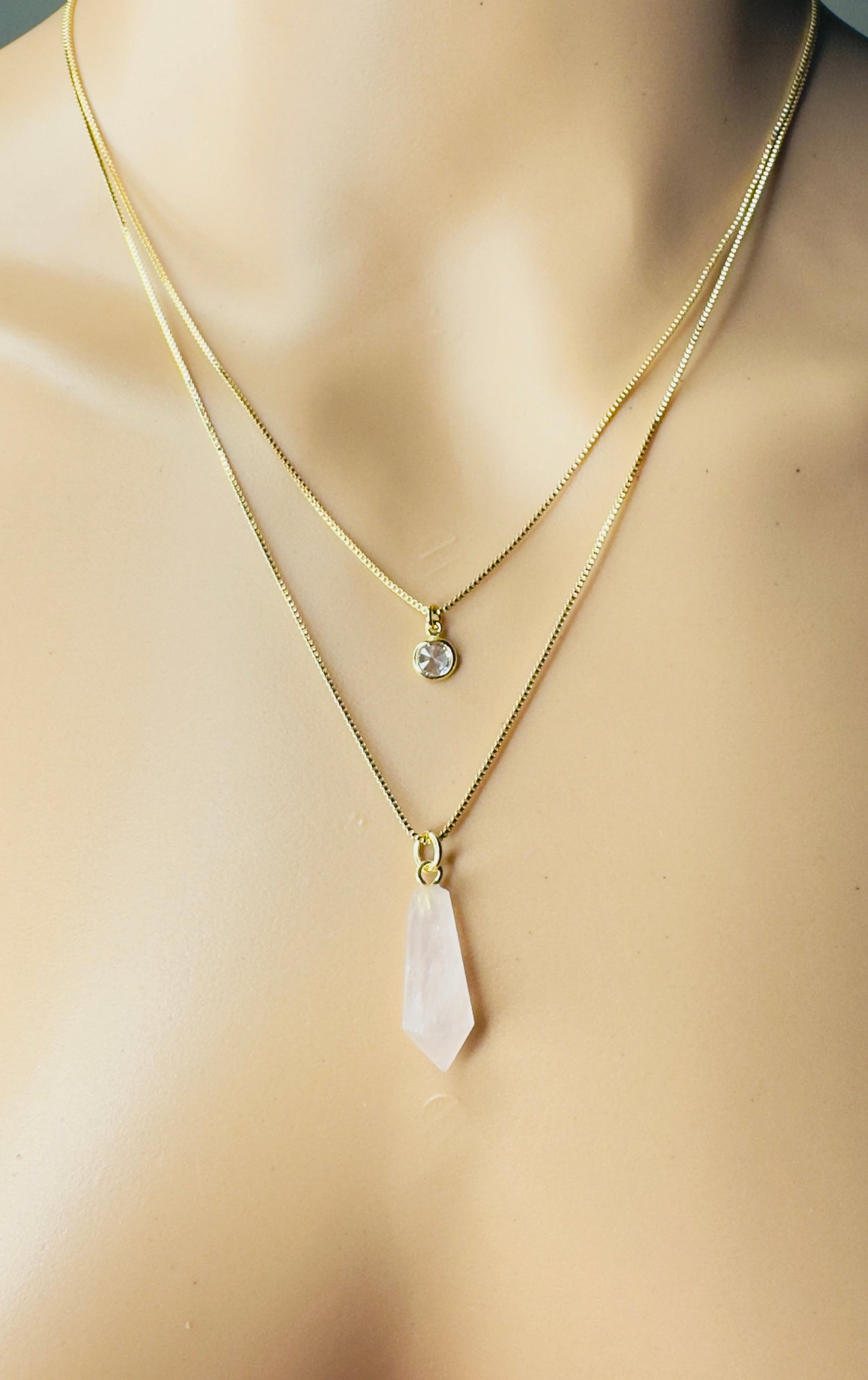 Gold Plated Point of Light Double String Necklace with Quartzo Rosa (Rose Quartz) and Zirconia