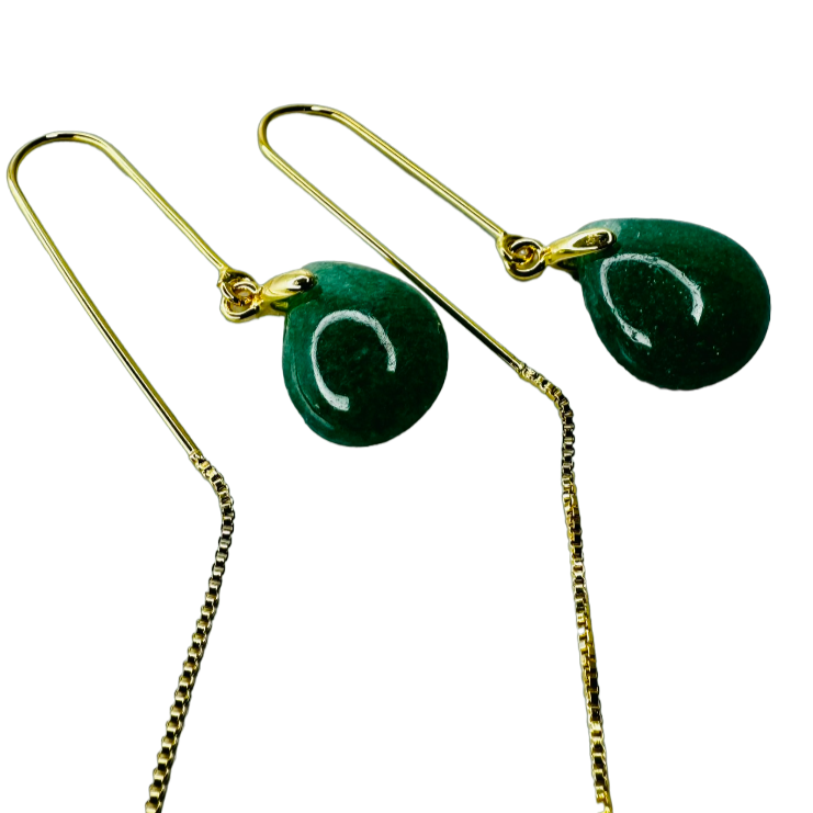 Famibeach Brinco Gancho Pedra Natural Brasileira Quartzo Verde (Quartzo Verde) - Banhado a Ouro