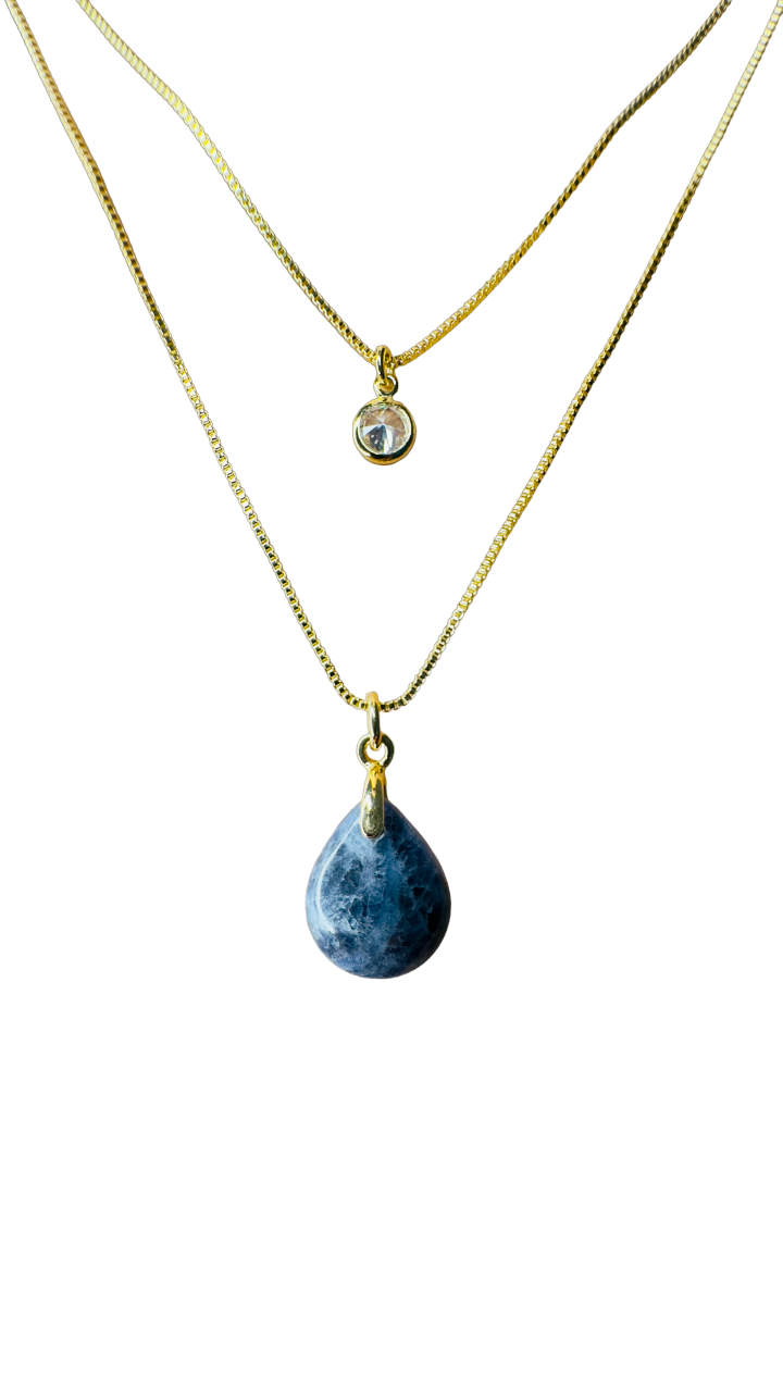 Gold Plated Point of Light Double String Necklace with Sodalita (Sodalite) and Zirconia
