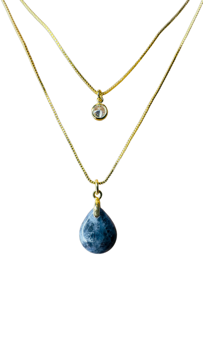Gold Plated Point of Light Double String Necklace with Sodalita (Sodalite) and Zirconia