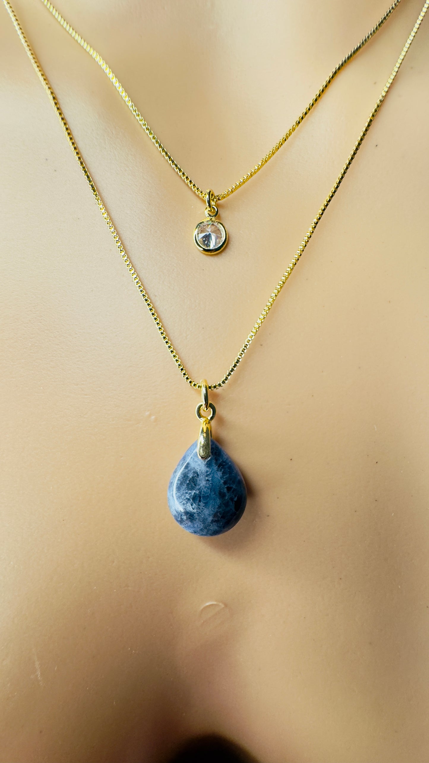 Gold Plated Point of Light Double String Necklace with Sodalita (Sodalite) and Zirconia