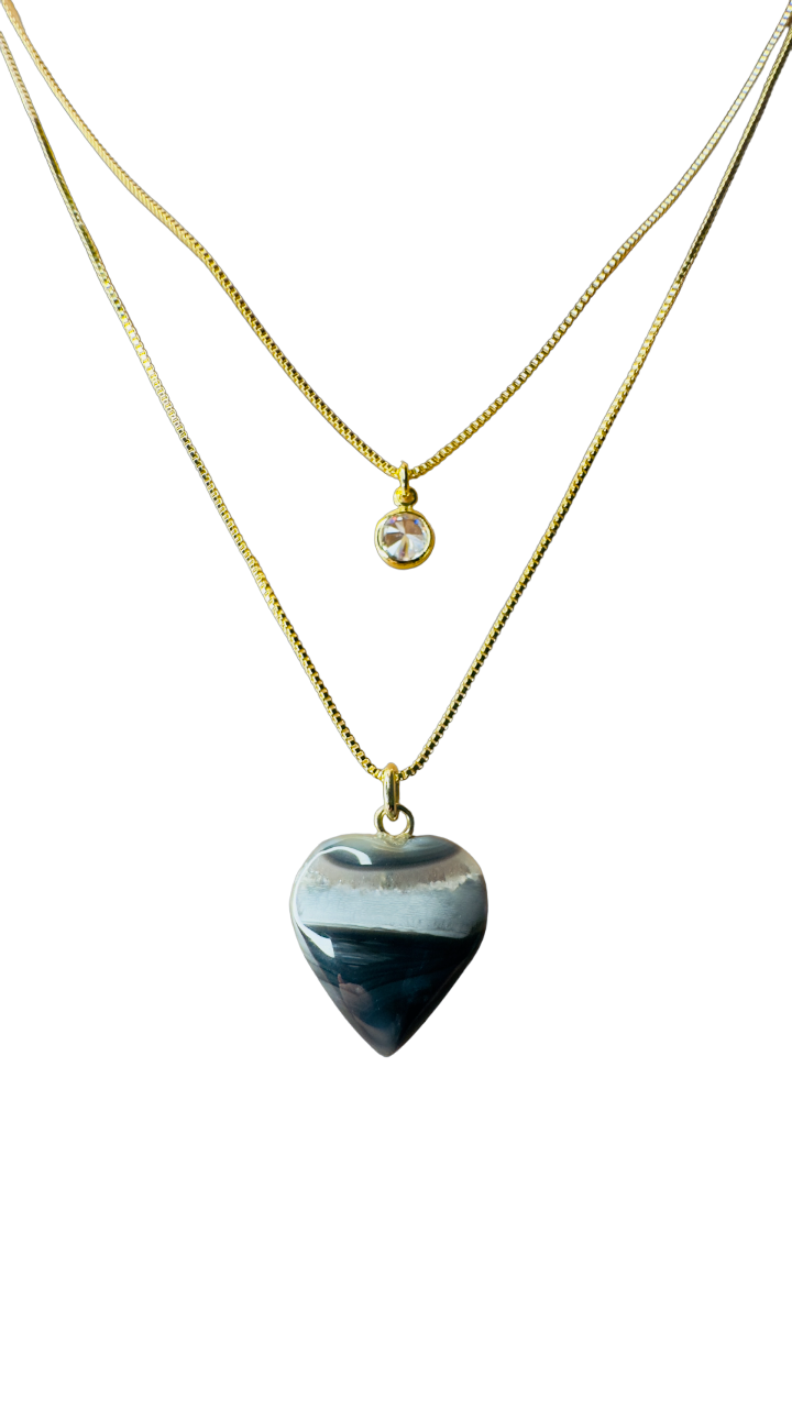 Gold Plated Point of Light Double String Necklace with Ágata (Agate) and Zirconia