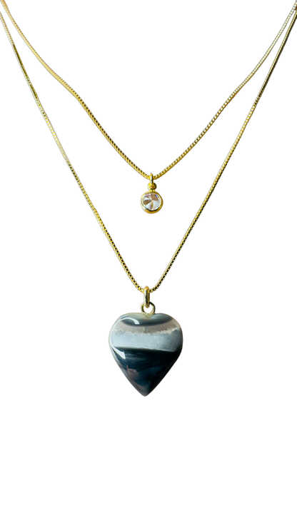 Gold Plated Point of Light Double String Necklace with Ágata (Agate) and Zirconia