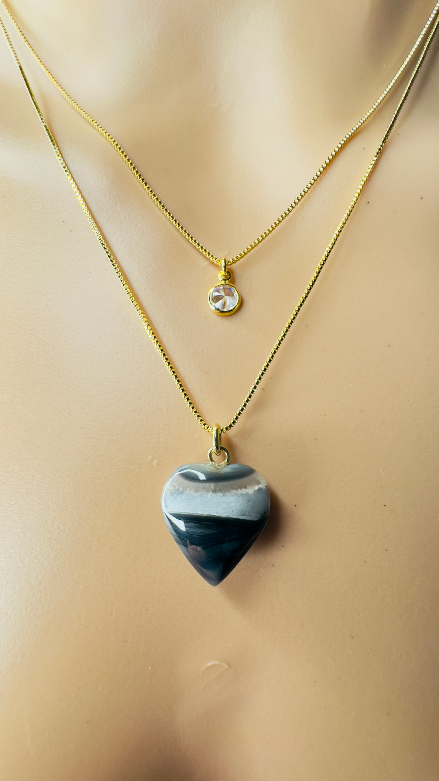 Gold Plated Point of Light Double String Necklace with Ágata (Agate) and Zirconia