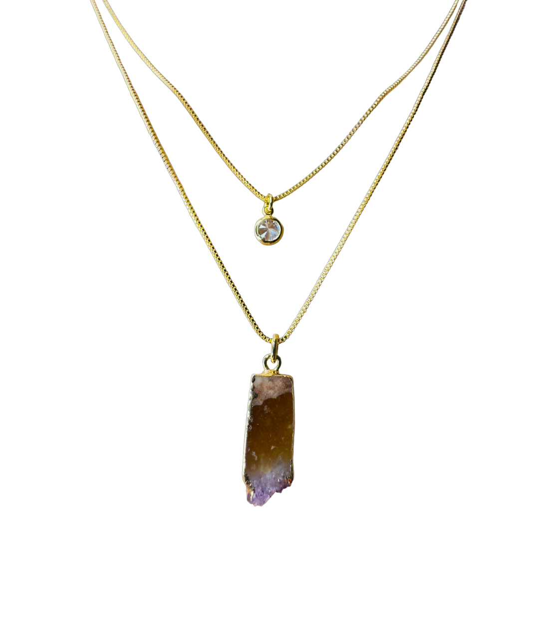 Gold Plated Point of Light Double String Necklace with Drusa de Ametista (Amethyst Druzy) and Zirconia