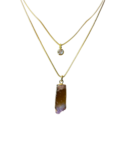 Gold Plated Point of Light Double String Necklace with Drusa de Ametista (Amethyst Druzy) and Zirconia