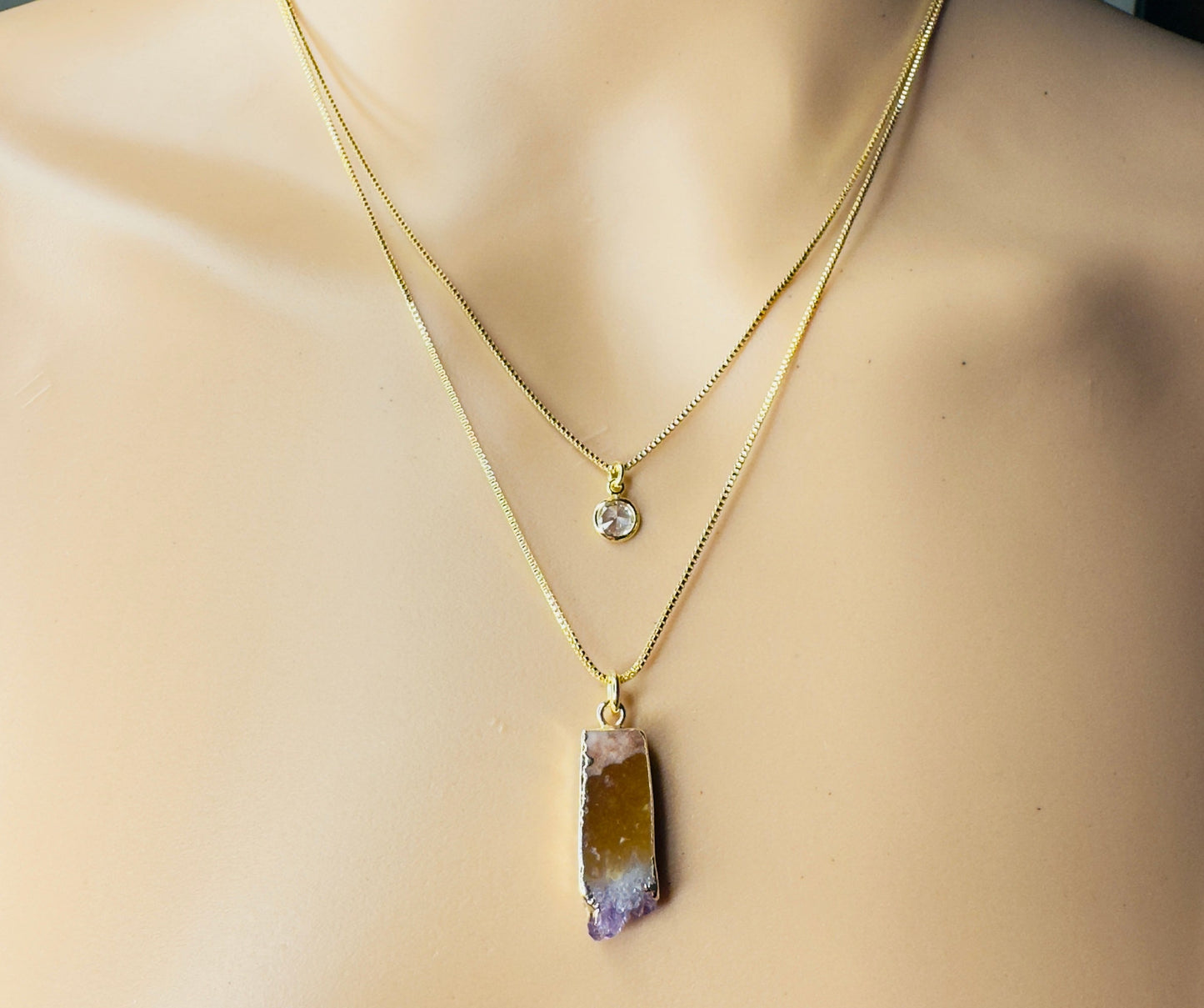 Gold Plated Point of Light Double String Necklace with Drusa de Ametista (Amethyst Druzy) and Zirconia