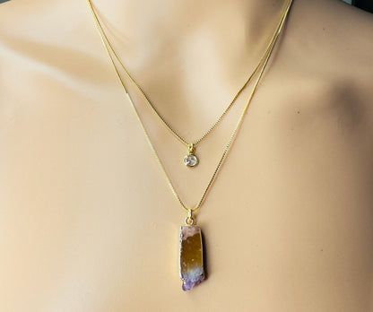 Gold Plated Point of Light Double String Necklace with Drusa de Ametista (Amethyst Druzy) and Zirconia