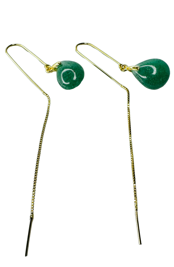 Famibeach Brinco Gancho Pedra Natural Brasileira Quartzo Verde (Quartzo Verde) - Banhado a Ouro