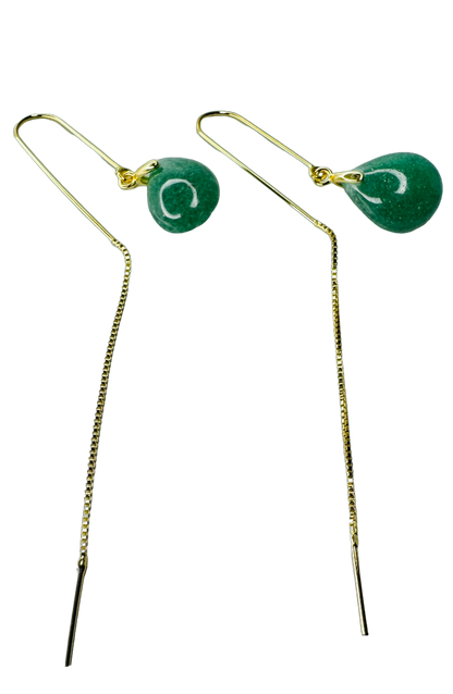 Famibeach Brinco Gancho Pedra Natural Brasileira Quartzo Verde (Quartzo Verde) - Banhado a Ouro