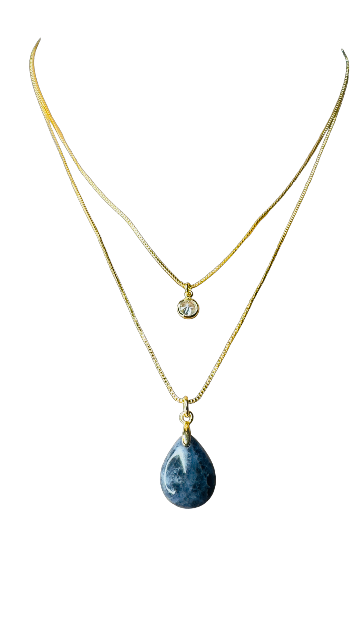 Gold Plated Point of Light Double String Necklace with Sodalita (Sodalite) and Zirconia