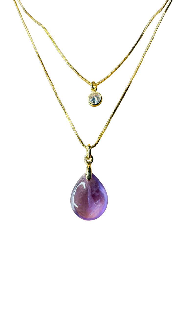 Gold Plated Point of Light Double String Necklace with Ametista (Amethyst) and Zirconia