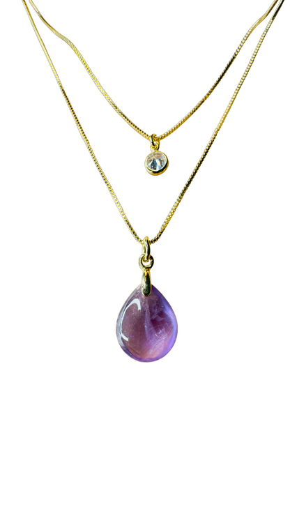 Gold Plated Point of Light Double String Necklace with Ametista (Amethyst) and Zirconia