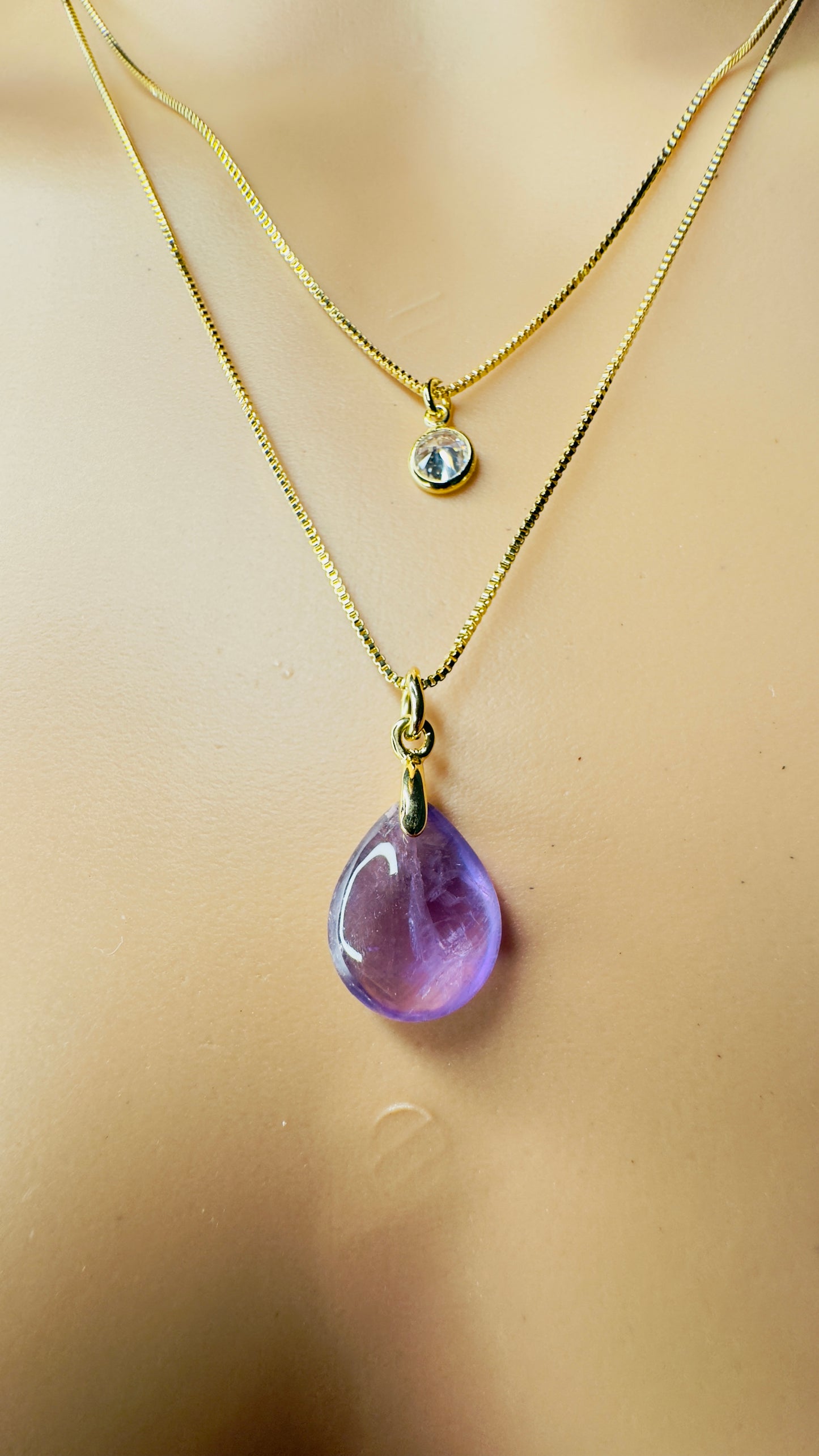 Gold Plated Point of Light Double String Necklace with Ametista (Amethyst) and Zirconia