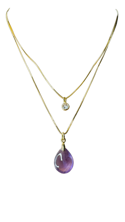 Gold Plated Point of Light Double String Necklace with Ametista (Amethyst) and Zirconia