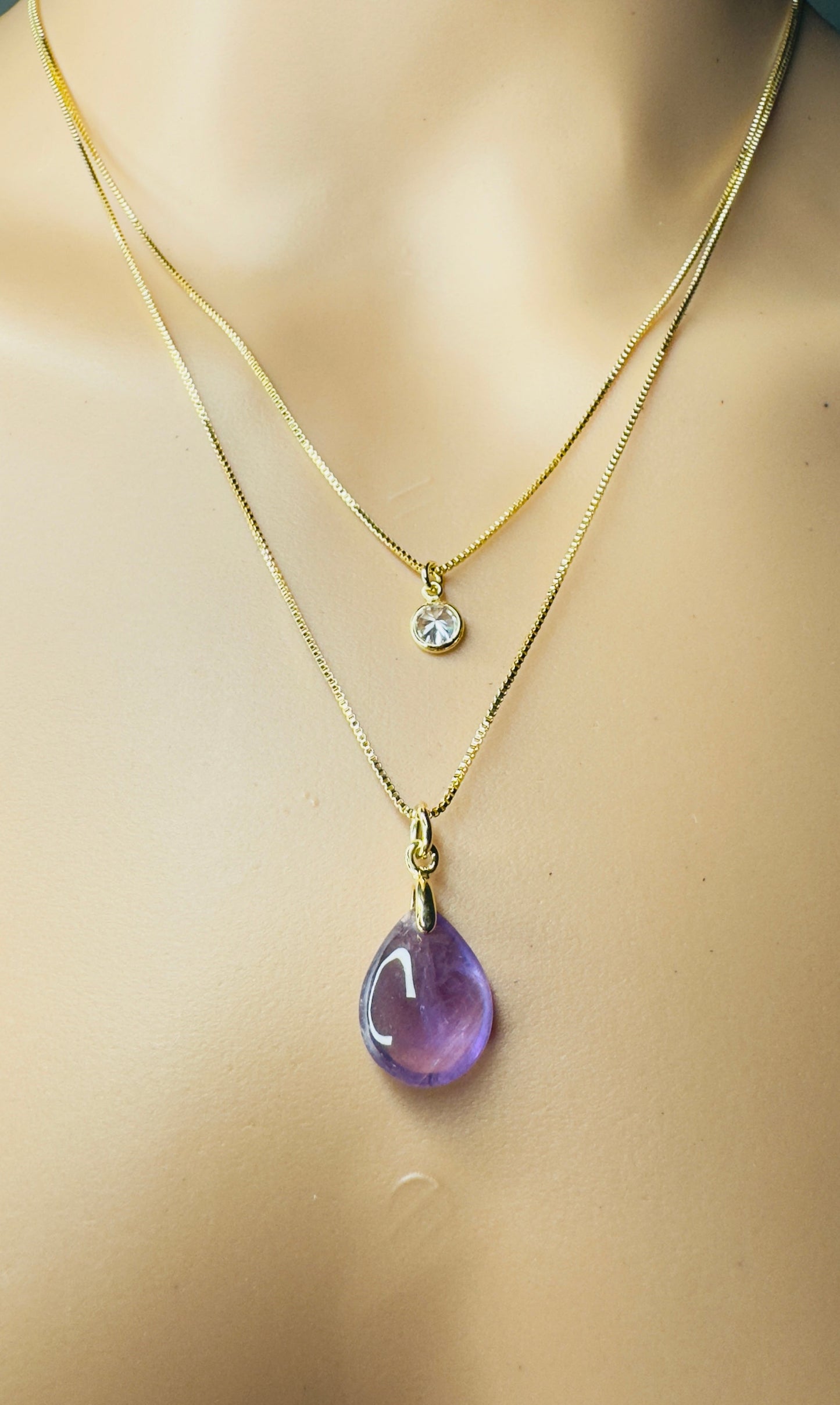 Gold Plated Point of Light Double String Necklace with Ametista (Amethyst) and Zirconia