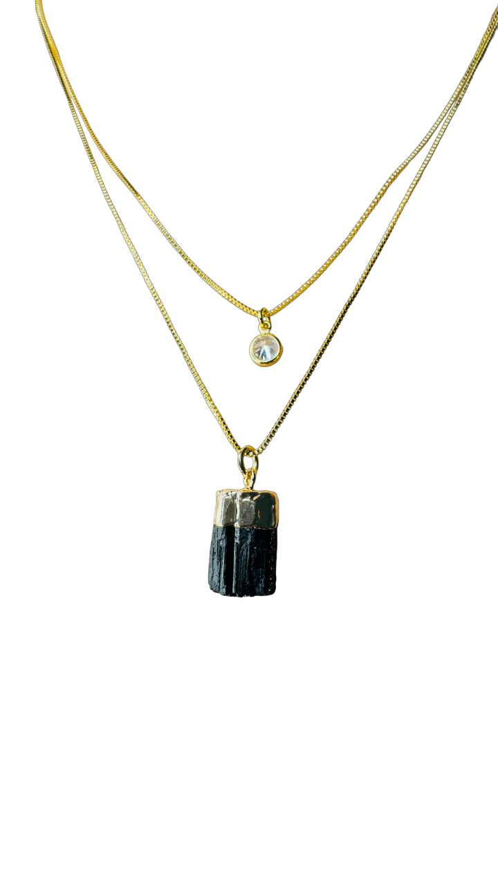 Gold Plated Point of Light Double String Necklace with Turmalina Negra (Black Tourmaline) and Zirconia