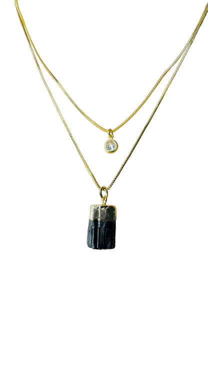 Gold Plated Point of Light Double String Necklace with Turmalina Negra (Black Tourmaline) and Zirconia