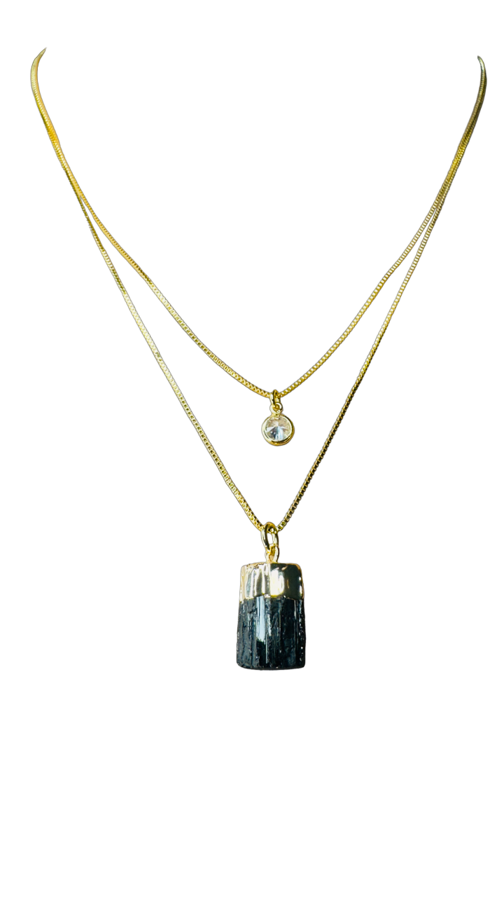 Gold Plated Point of Light Double String Necklace with Turmalina Negra (Black Tourmaline) and Zirconia