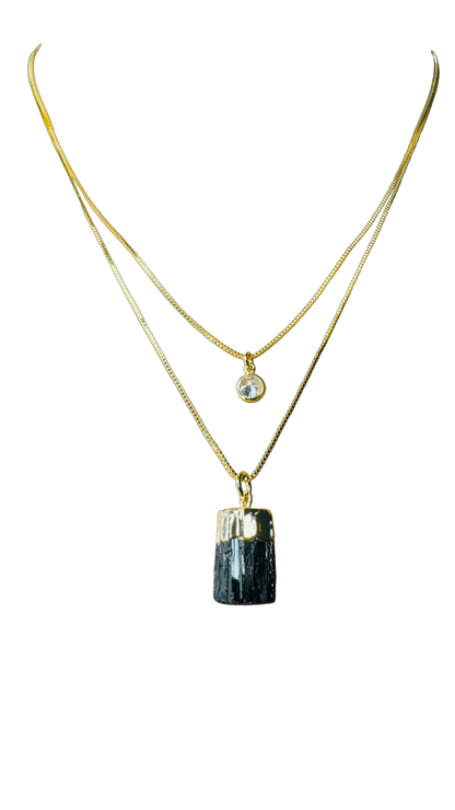 Gold Plated Point of Light Double String Necklace with Turmalina Negra (Black Tourmaline) and Zirconia