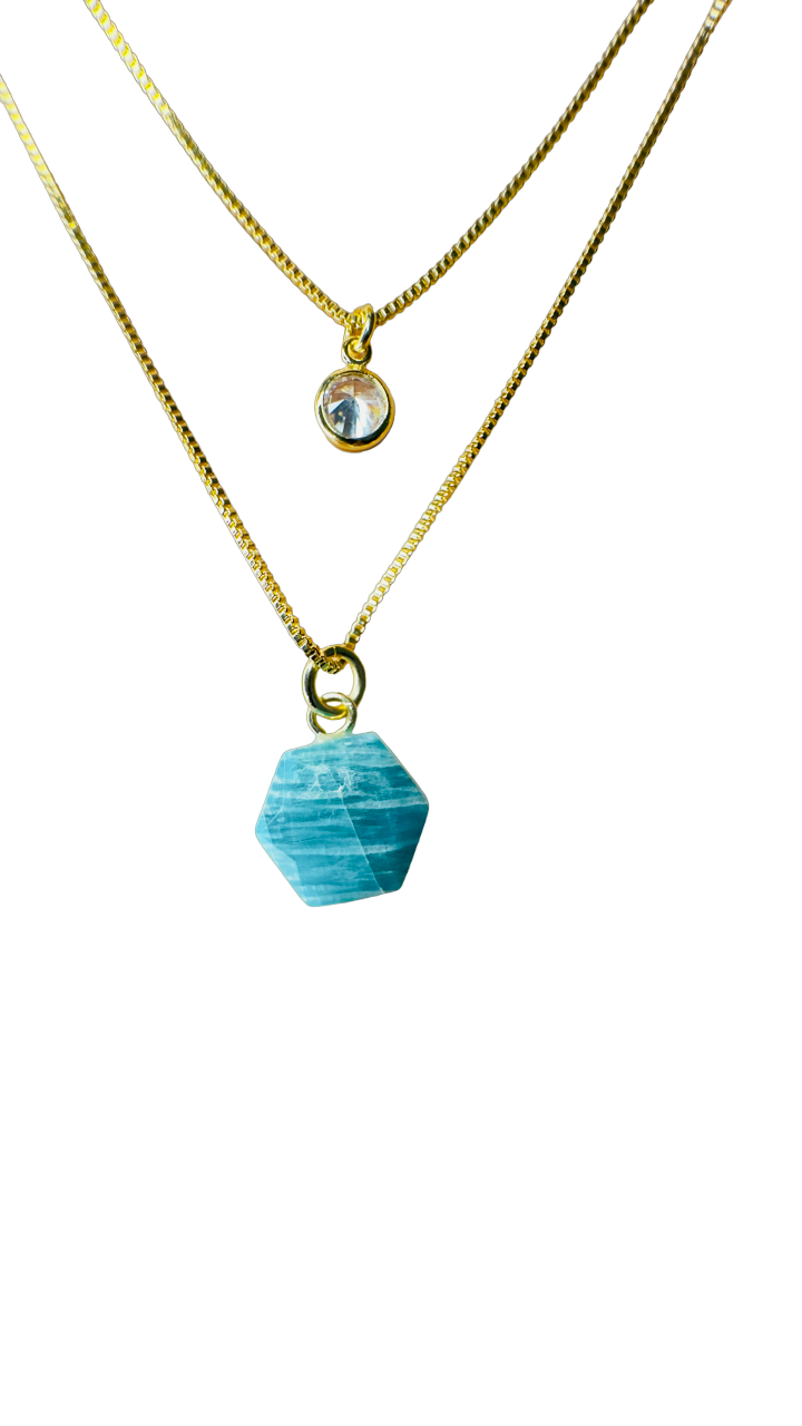 Famibeach Colar Brasileiro de Fio Duplo Ponto de Luz Banhado a Ouro com Amazonita (Amazonita) e Zircônia