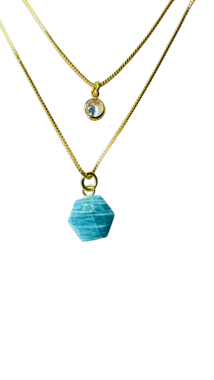 Famibeach Colar Brasileiro de Fio Duplo Ponto de Luz Banhado a Ouro com Amazonita (Amazonita) e Zircônia