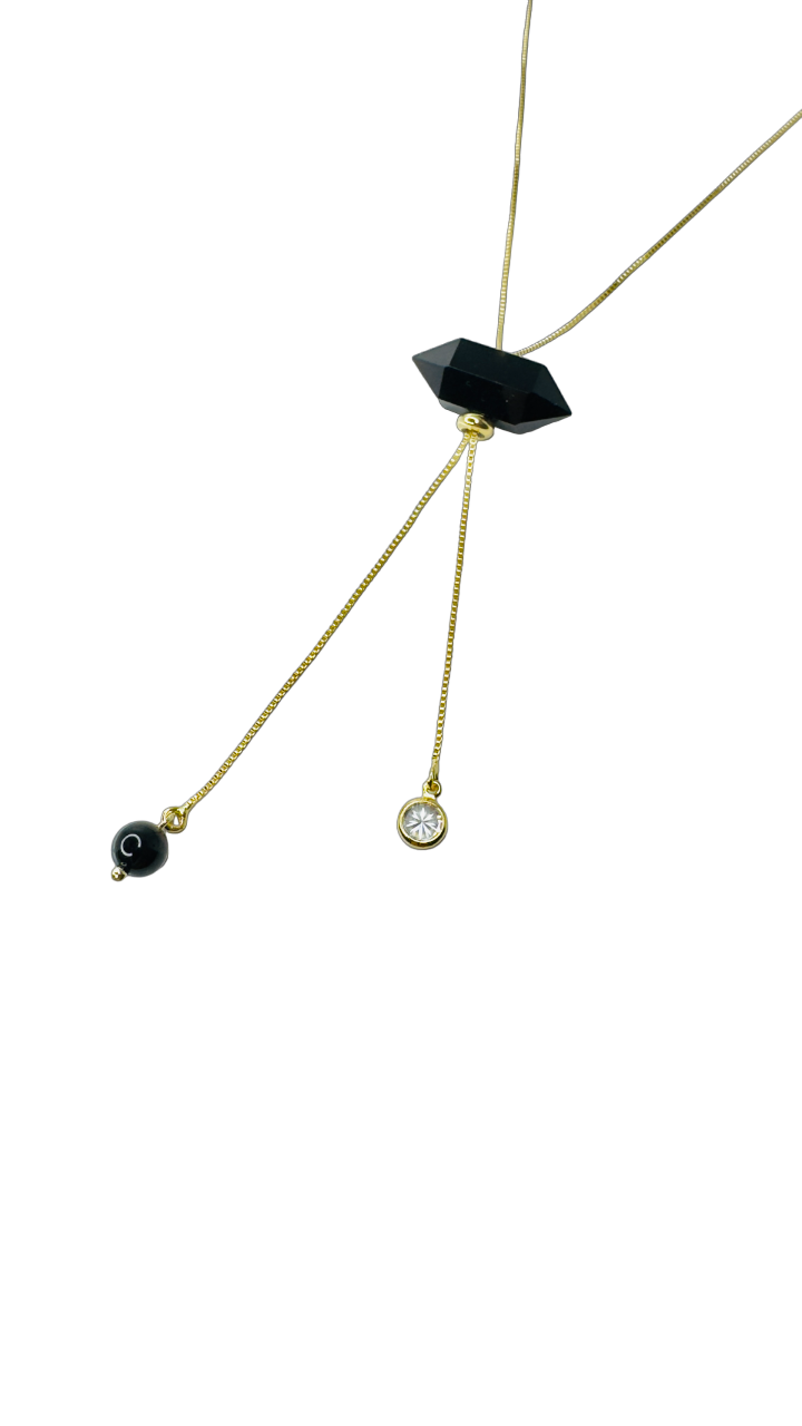 Gold Plated Tie Double Ended Necklace with Two Obsidiana Negra (Black Obsidian) and Zirconia Point of Light