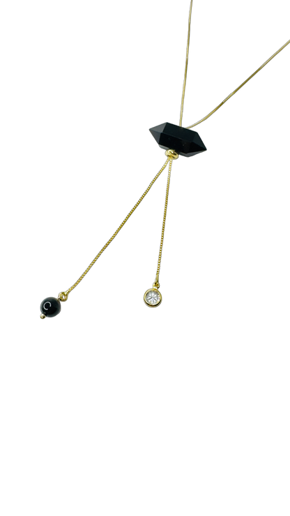 Gold Plated Tie Double Ended Necklace with Two Obsidiana Negra (Black Obsidian) and Zirconia Point of Light