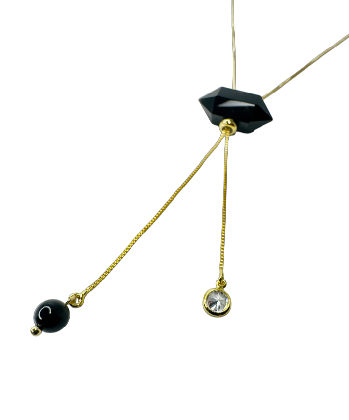 Gold Plated Tie Double Ended Necklace with Two Obsidiana Negra (Black Obsidian) and Zirconia Point of Light
